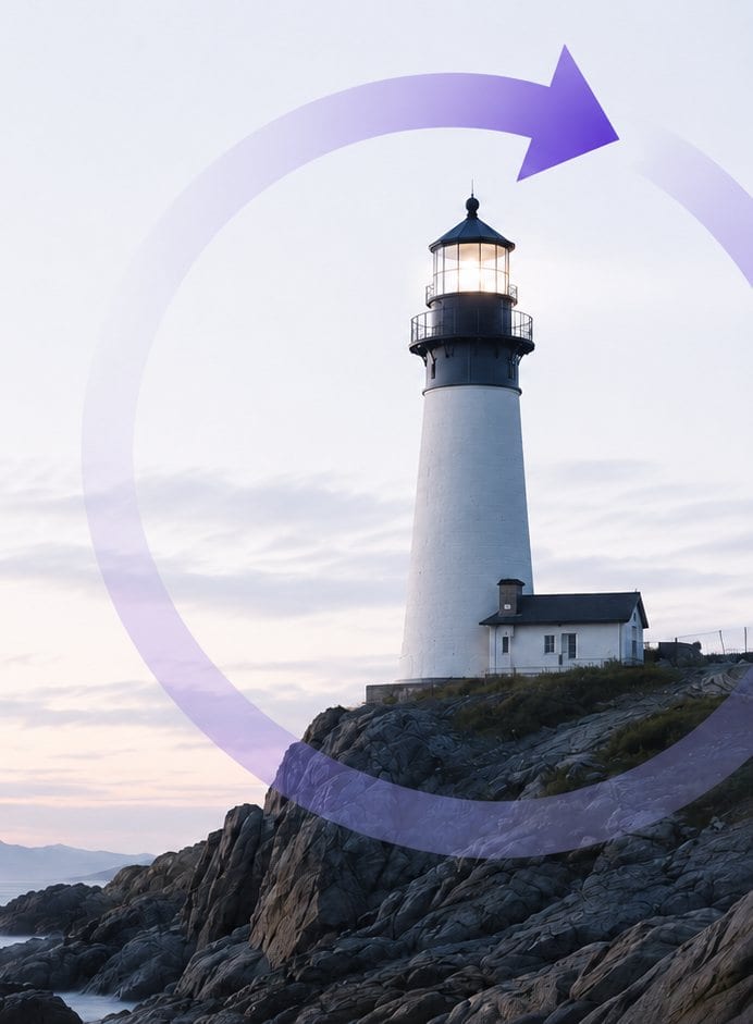 A coastal lighthouse at dusk, circled by the ResiliencePilot continuity arrow.