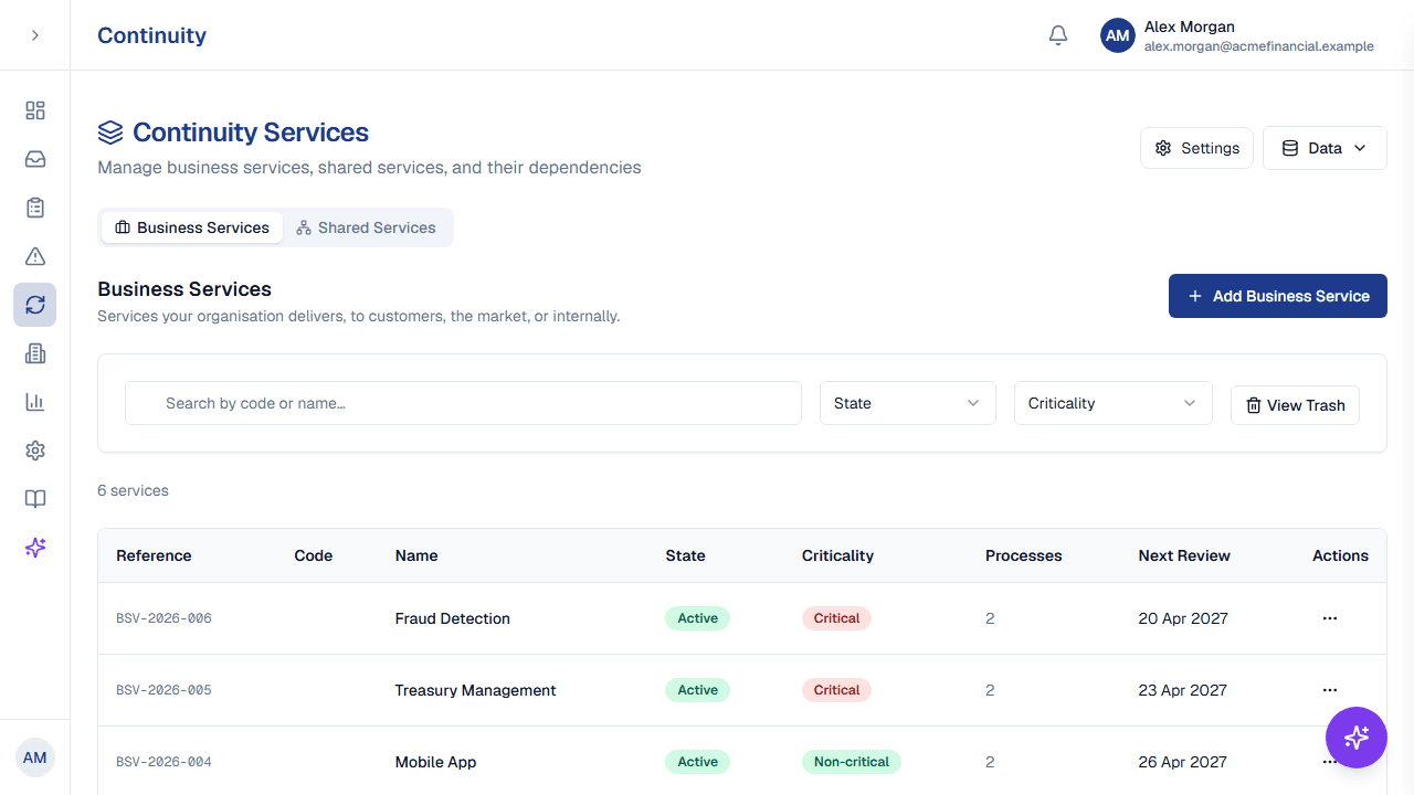 The ResiliencePilot dashboard listing business services and how critical each one is.